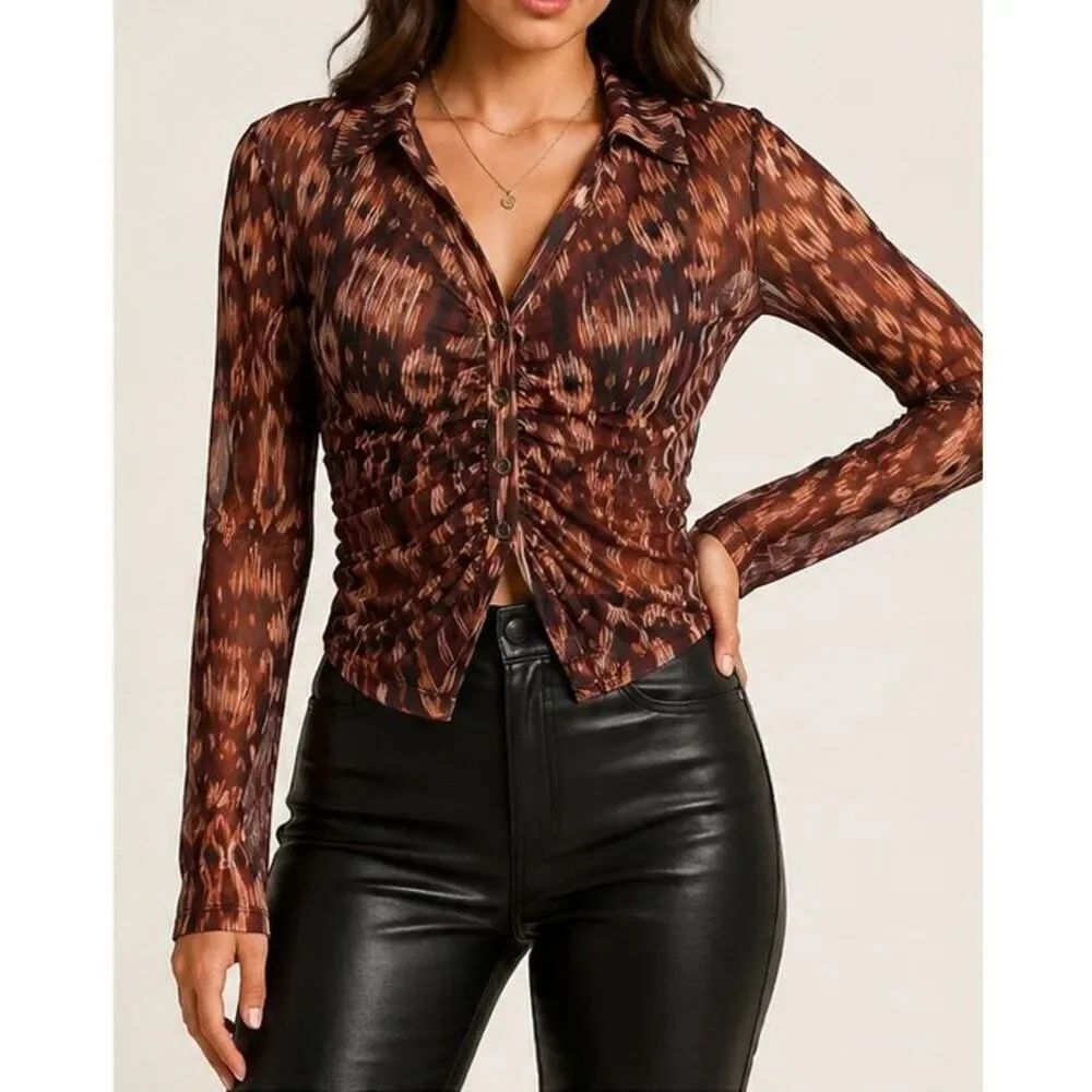 Liverpool Los Angeles Mesh Ruched Animal Print Top Medium